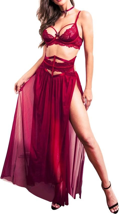 Amazon LOVE YOU SEXY Women Lace Lingerie Set Bra And Girdle With Long Sheer Mesh Nightgown