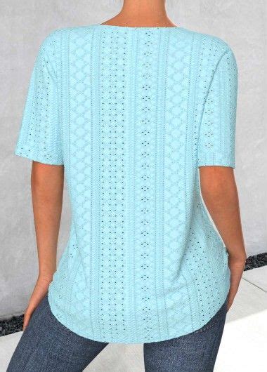 Light Blue Button Short Sleeve Split Neck Blouse Usd 31