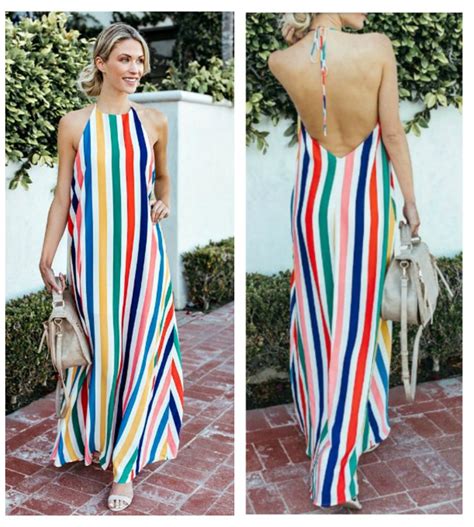 Multi Color Stripe Sleeveless High Neckline Halter Style Boho Maxi