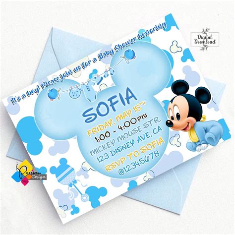 Printable Mickey Mouse Baby Blue Baby Shower Invitation Personalized