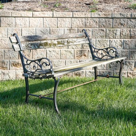 Weathered Cast Iron Wood Slat Garden Bench Ebth