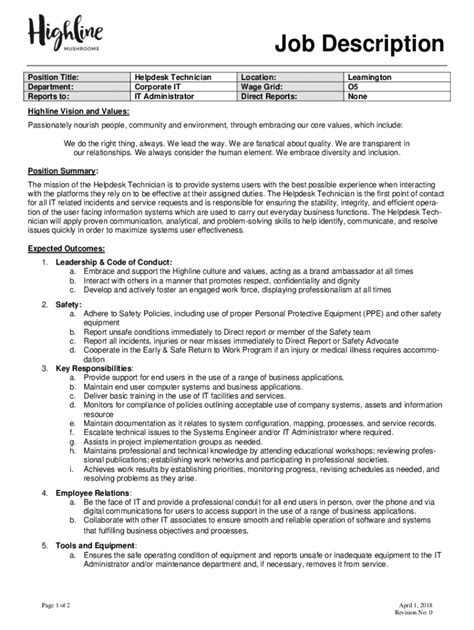 Fillable Online It Help Desk Technician Job Description 2024 Template Fax Email Print Pdffiller