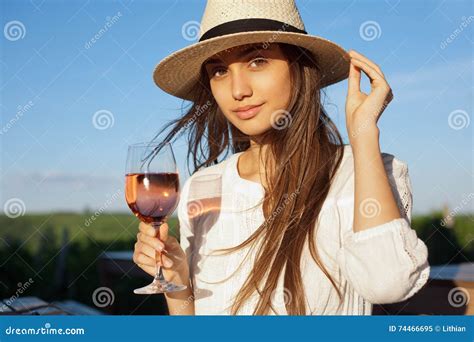 Gorgeous Brunette Woman Having Wine Fun Stock Image Image Of Looking