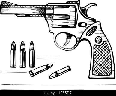 Hand Drawn Vintage Revolver Gun Firearm Pistol Sketch Vector Stock