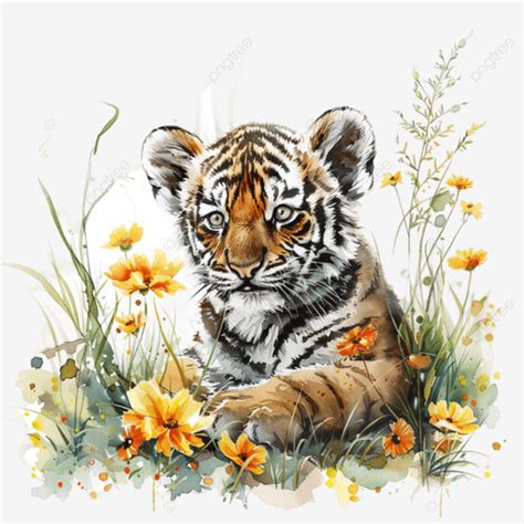 Playful Tiger Cub Surrounded By Colorful Wildflowers Playful Tiger Cub