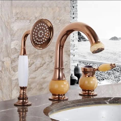 Rose Gold Brass And Jade Three Holes Wash Basin Faucet With Shower Head