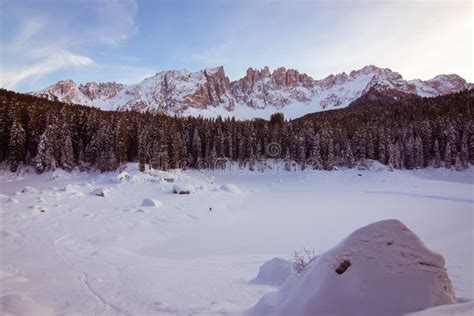 Panoramic View Of Snow Covered Lake Carezza Lago Di Carezza Karersee