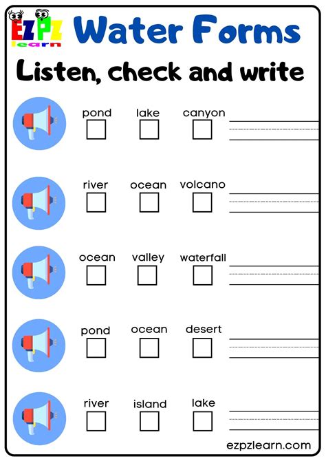 Water Forms Vocabulary Interactive Worksheet Listen, Check and Write the Words Activity for Kids ...