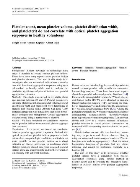 Pdf Platelet Count Mean Platelet Volume Platelet Distribution Width