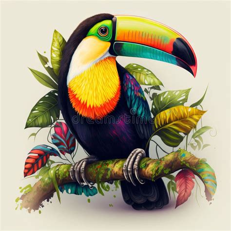 Tropical Summer Toucan Bird With Jungle Leaves Generative Ai Stock