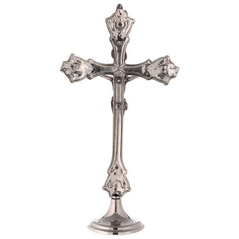 Completo D Altare Croce Candelieri Ottone Argentato Base Liscia