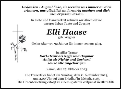 Traueranzeigen Von Elli Haase Trauer Nordkurier