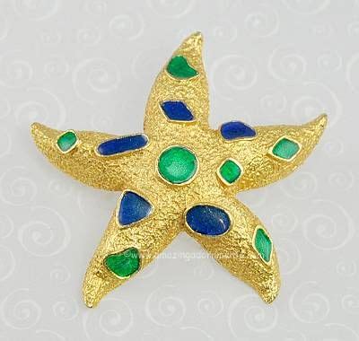 Meticulous Vintage Starfish Brooch With Enamel Signed Florenza