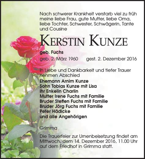 Traueranzeigen Von Kerstin Kunze Trauer Anzeigen De