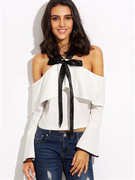 White Cold Shoulder Bow Tie Ruffle Bell Sleeve Blouse Shein Sheinside