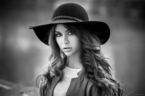 Wallpaper Women Hat Portrait Face Monochrome Depth Of Field