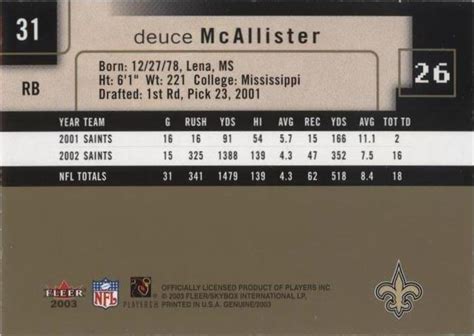 Fleer Genuine Insider Deuce Mcallister For Sale Ebay