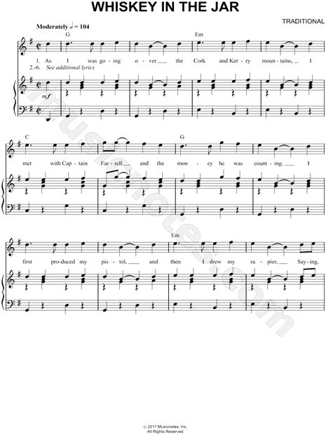 Traditional Irish Folk Song Whiskey In The Jar Sheet Music In G Major