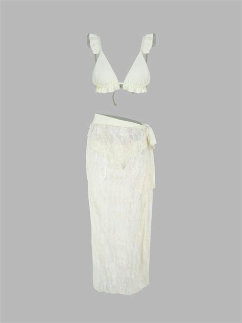 Floral Lace Ruffle Triangle Bikini Set Sarong For Vacation Beach