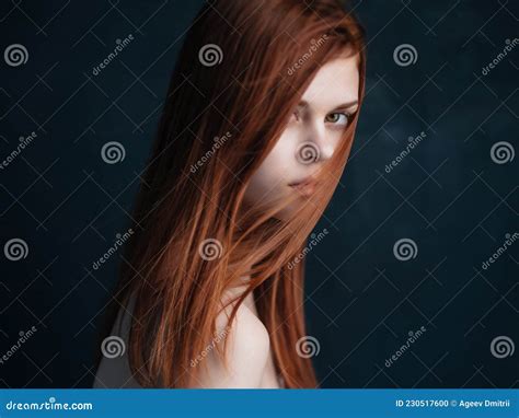 Attractive Red Haired Woman Naked Shoulders Clear Skin Dark Background Stock Photo Image Of