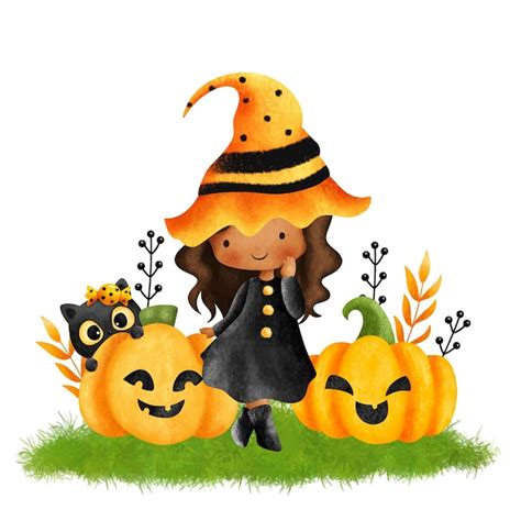 Ilustraci N Acuarela Bruja De Halloween Con Calabaza Y Gato Negro