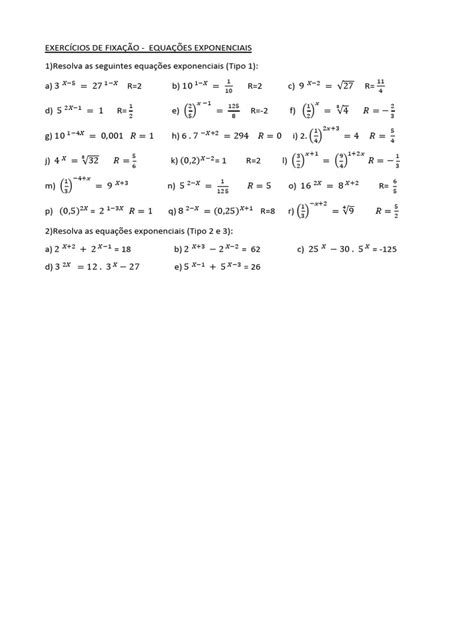 Lista De Exercícios Equações Exponenciais Pdf