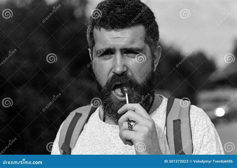 Hiker Man With Backpack Hiking In Beautiful Forest Gay Lick Lollipop Stock Image Image Of