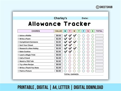 Printable Allowance Tracker Kids Printable Allowance Chore Chart