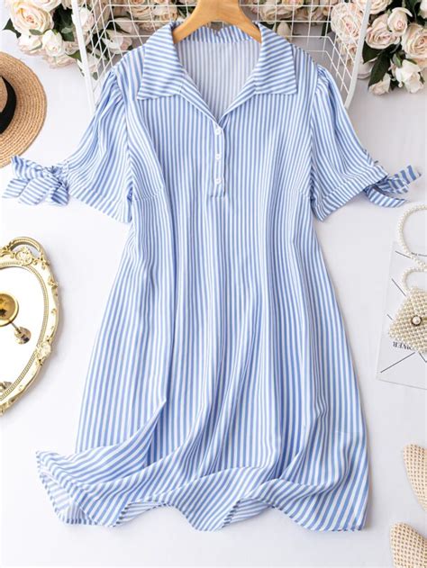 Shein Lune Plus Striped Print Knot Cuff Shirt Dress Shein Usa