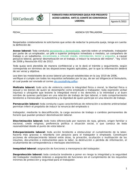 Formato Queja POR Presunto Acoso Laboral FORMATO PARA INTERPONER