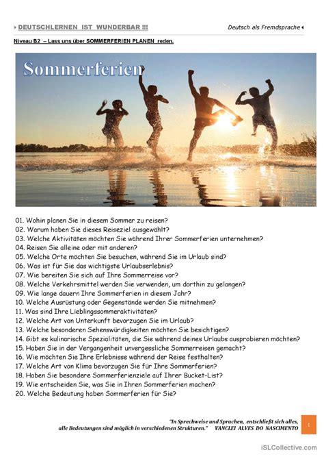 B2 Lass uns über SOMMERFERINE PLAN Deutsch DAF Arbeitsblätter pdf doc