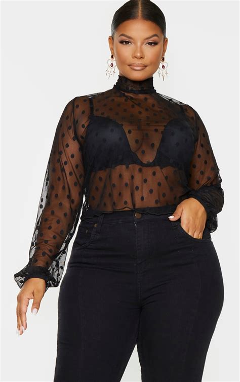 Plus Black Sheer Polka Dot High Neck Cropped Top Prettylittlething