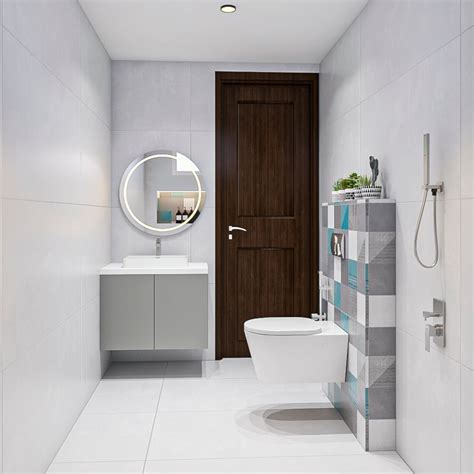 White Contemporary Bathroom With Grey And Blue Wall Accents Livspace