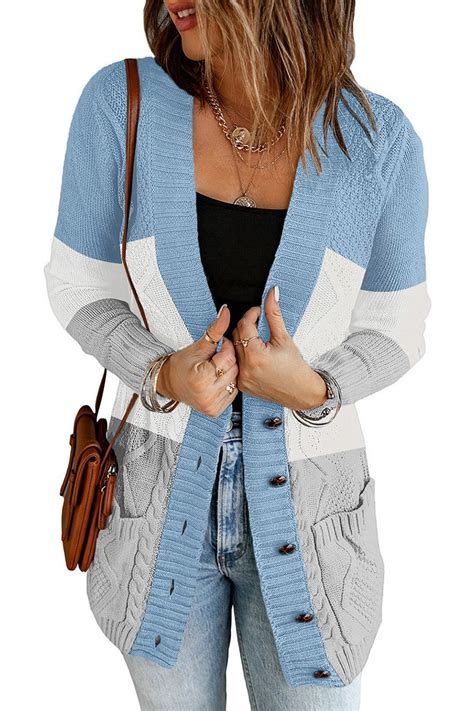 Light Blue Colorblock Front Pockets Button Up Cable Knit Cardigan Shopperboard