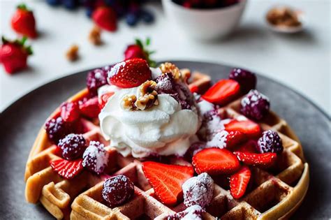 Premium Photo Belgian Waffles With Whipped Cream And Berries On Plate