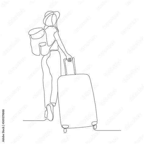 Continuous Line Art Or One Line Drawing Of A Travel Girl With A