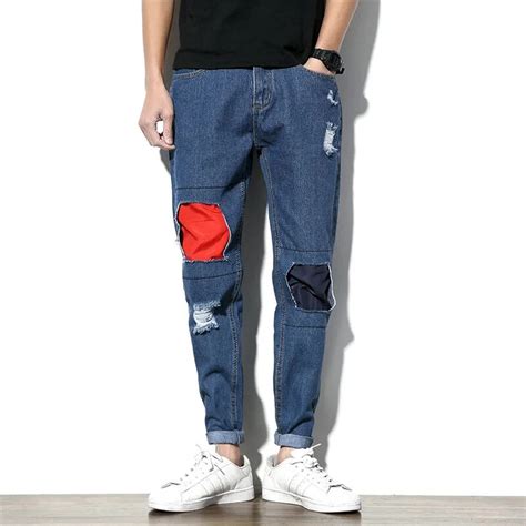 Moruancle Fashion Men Patched Jeans Pants Ripped Denim Trousers For