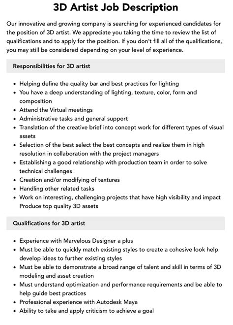 3d Artist Job Description Velvet Jobs