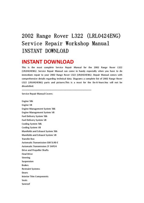 2002 Range Rover L322 Lrl0424eng Service Repair Workshop Manual