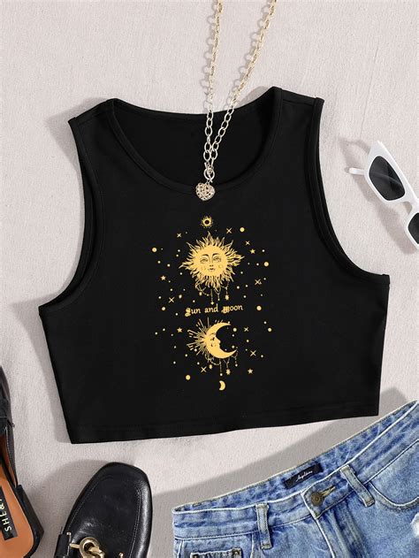 Shein Ezwear Top Tank Con Estampado De Sol Y Luna Moda De Mujer