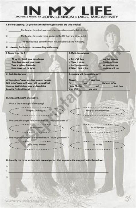 In My Life The Beatles ESL Worksheet By Saagutie