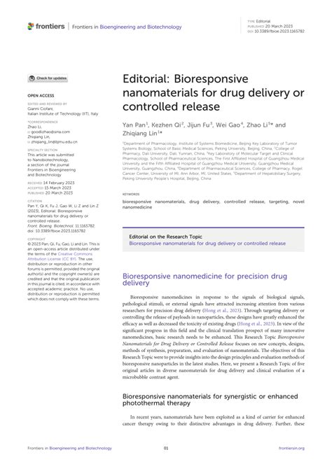 Pdf Editorial Bioresponsive Nanomaterials For Drug Delivery Or Controlled Release