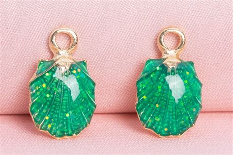 6 Enamel Shell Charm Gold Tone With Flash Emerald Green Enamel Etsy