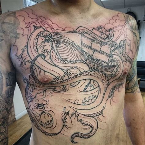 Finished Lining All This Chestpiece Today Chesttattoo Ribtattoo