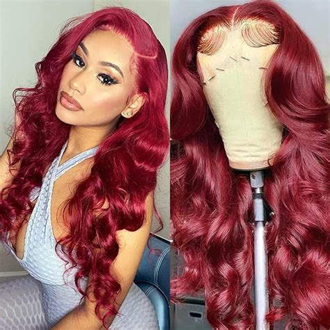 99j Burgundy Wine Red Color Body Wave 13x4 Hd Lace Front Glueless Wigs Human Hair