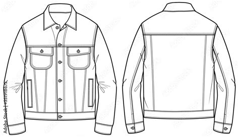 Classic Trucker Jacket Design Flat Sketch Illustration Front And Back