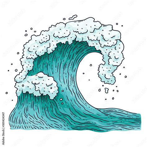 Ocean Water Wave Cartoon Vector Illustration In Japanese Engraving