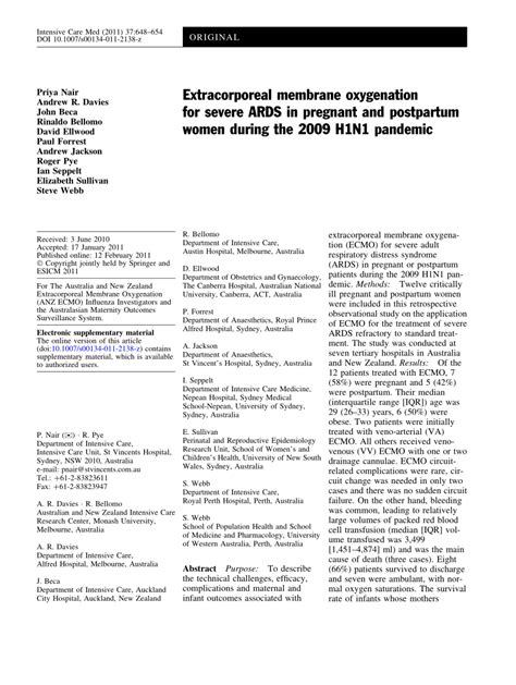 Pdf Extracorporeal Membrane Oxygenation For Severe Ards In Pregnant