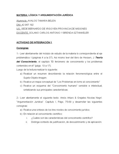 Trabajo Practico Materia L Gica Y Argumentaci N Jur Dica Alumno A