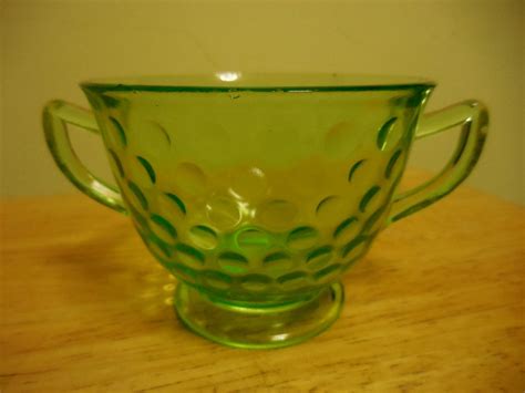 Vintage 1920s To 1930s Light Green Art Deco Depression Glass Opened Sugar Bowl Double Handled